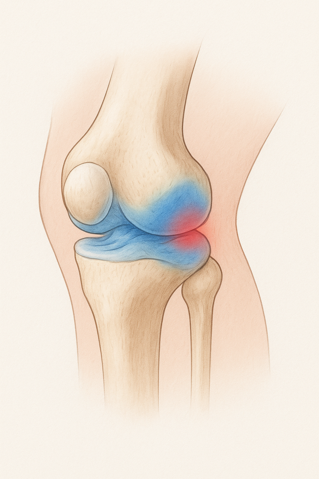 3D illustration of knee joint showing inflammation and cartilage support