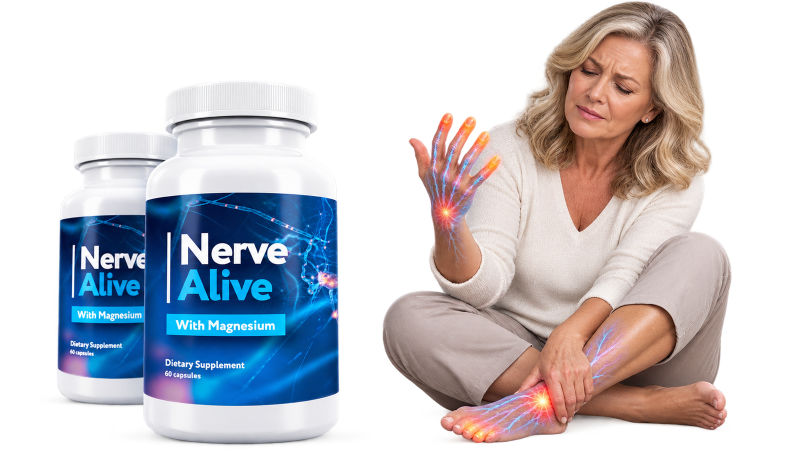 Nerve Alive supplement alongside an educational nerve discomfort illustration